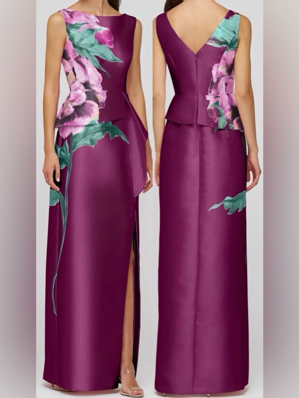 NEW NEW, Kay Unger Luciana Placed Floral Column Sleeveless Gown Mulberry Sz 12